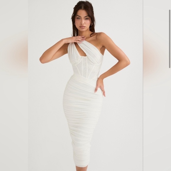 House of CB Valentina Ivory Asymmetric Cutout Midi Dress - Picture 2 of 9